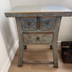 Hand-Painted Vintage Side Table | Artisanal Blue Finish with Drawers