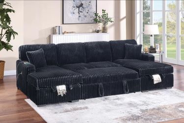 Brand New Black Corduroy Sectional Sofa Storage Sleeper