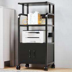 Mobile Printer Stand, 4 Tier Rolling Printer Cart Wood File Cabinet with Storage Shelf for Home Office Organization