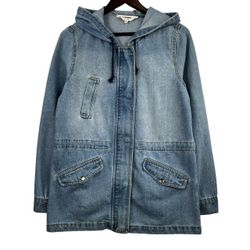CI Sono Women's Blue Denim Jeans Parka Hooded Draw String Waist Jacket Coat Sz Medium 