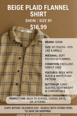 Beige Plaid Flannel Shirt – SHEIN | Size 9Y | Soft & Stylish Button-Up