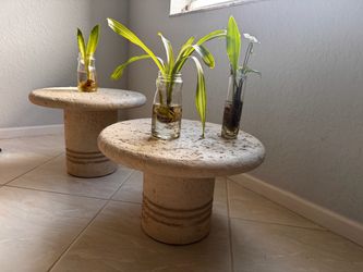 Vintage Travertine Pedestal Side Tables