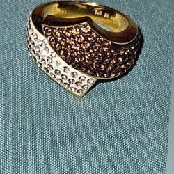 White and Champagne Color Austrian Crystal Bypass Ring in 14K Goldtone Over (Size 6.5)