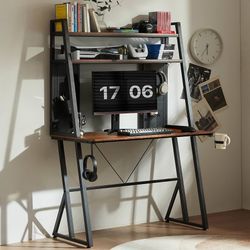 Dowinx Tall Gaming Desk with Shelves, Pegboard and LED Lights, 40 Inch Computer Desk with Storage and Hutch for Game Home Office, Double Z-Leg Sturdy 