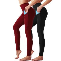 2 Pieces Womens High Waist Running Workout Yoga Leggings with Side Pocket Black+Red 2XL