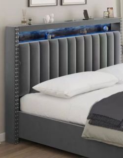 King Size LED Storage Bed Frame – Gray Upholstered