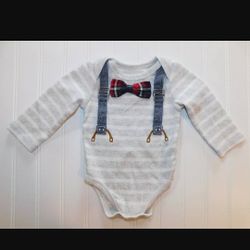 Baby Boys Clothes Mud Pie 3-6 Months Gray Striped Bodysuit Top Bow Tie 

