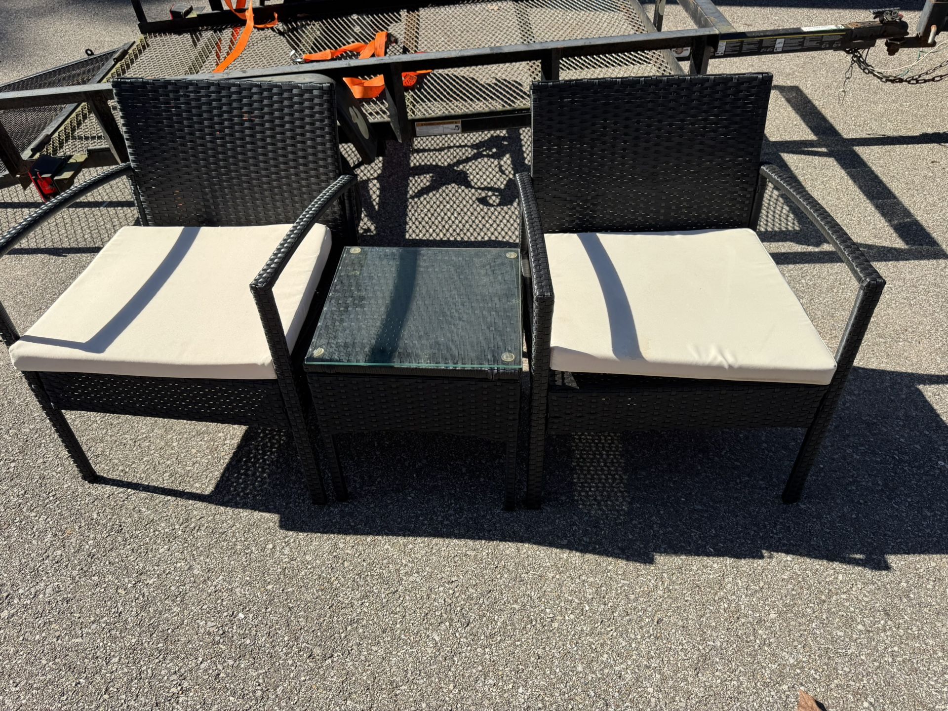 3 Piece Wicker Patio Set With Cushions, Table With Glass Top Chairs 23 3/4” wide 21” deep 16” floor to seat 28 1/2” tall in back Table 15 1/2”