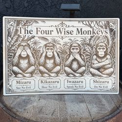 Handmade Four Wise Monkeys engraved wood art