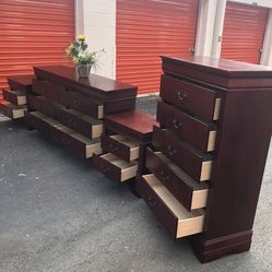 Ashley Furniture Solid Wood Set: Long Dresser, Mirror, Tall Chest, Two Nightstand. Drawers Sliding Smoothly. Delivery Available 