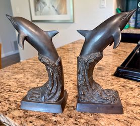 Vintage Pair Bey-Berk Bronze Dolphin Statues Bookends Nautical 10.25" T
