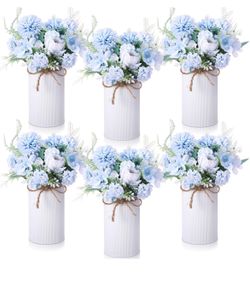 6 Sets Wedding Centerpiece for Table Decoration Light Blue Artificial Fake Rose Flower with Metal Vase Faux Silk Rose Bouquet Floral Arrangement