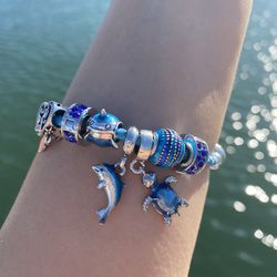 Pandora style ocean theme sea turtle dolphin bracelet 7.5"&7.9"