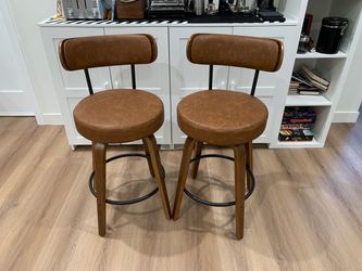26'' Swivel Bar Stools Set of 2, Upholstered Faux Leather. Brown