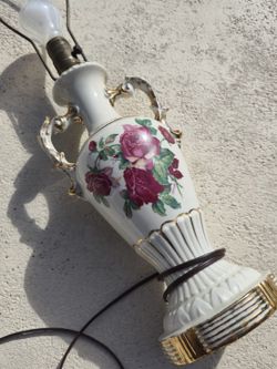 Lamp Vintage Antique Porcelain Table Lamp 1930s Boudoir Desk Lamp Roses Hand Painted Gold Trim Floral Flowers Light Fixture