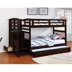 Brand New Cappuccino Twin/Twin Bunk Bed with Trundle
