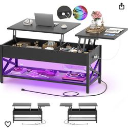 Aheaplus Black Lift-Top Coffee Table with LED Light, Power Outlets