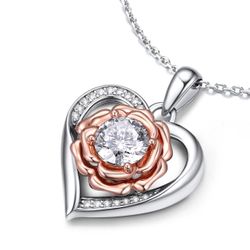 Silver Rose Flower Heart Necklace