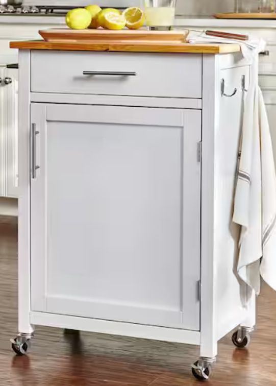 Glenville Small Cream White Rolling Kitchen Cart with Butcher Block Top and Single Drawer Storage