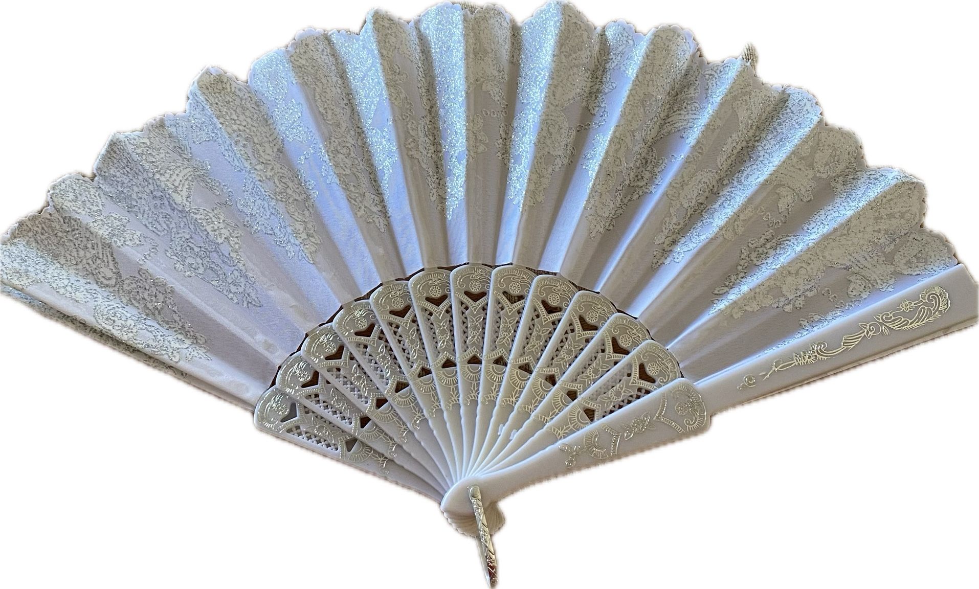 Folding Hand Fan White w/Silver Color Glitter open size 16.5x9"