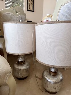 Pair of Mercury Glass Table Lamps 29 in with Linen Drum Shades
