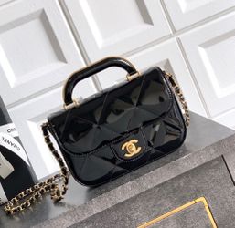 Chanel Black Patent Leather Mini Handbag Tote Crossbody Long Chain