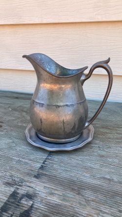 Vintage 1920s Insico Pewter Water Pitcher & Matching Scalloped Underplate Set