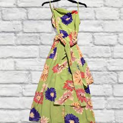 Joni Blair Spring Dress With Sash Floral Lime Green Size 9/10 Women’s Maxi