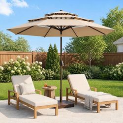 10 FT Patio Umbrella, 3 Tier Outdoor Table Umbrella with 8 Sturdy Glass Fiber Ribs and Push Button Tilt, Outdoor Patio Umbrellas for Market Pool Garde