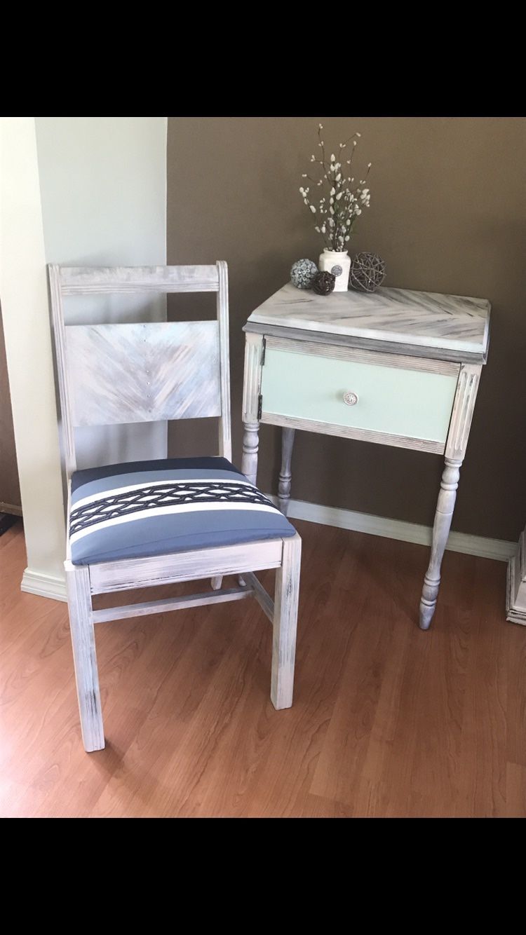 Hand painted Side Table with matching reupholstered chair