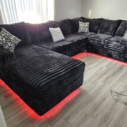 Gourges Sectional 3 Pcs Corduroy Fabric XL SIZE LED LIGHT ADJUSTABLE COLORS BLACK CORDUROY FABRIC SUPER SOFT $1989