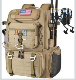29L Multi-Compartment Fishing Tackle Backpack with 4 Rod Holder, Integrated Cooler and Rain Cover