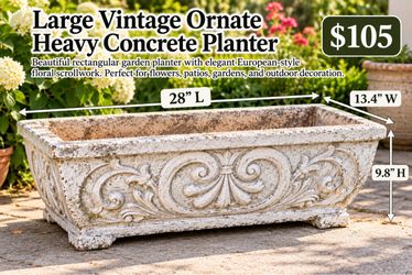 Large Vintage Ornate Heavy Concrete Rectangular Planter ā 28ā ā $105