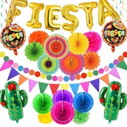 38 PCS Fiesta Mexican Party Decoration Fiesta and Cactus Balloons Paper Fans Pom Poms Triangle Bunting Banner for Fiesta Mexican Cinco De Mayo Birthda