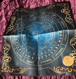 Pendulum Board Divination Mat + Coin - Gold & Blue Satin