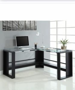 L-Shaped Glass Desk & Bookshelf- Chrome, Wood & Glass