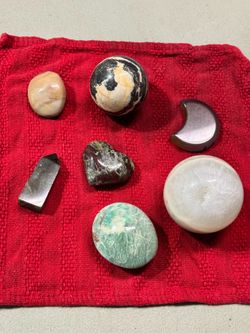 Polished Gemstone lot: includes  Polished Dragon Bloodstone Heart  Amazonite Palm Stones  Labradorite Tower  Zebra Jasper Sphere  Large White Druzy Ag