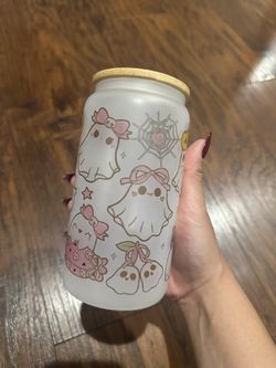 Custom 16oz Pink Halloween Ghosts & Spooky Treats Frosted Glass Tumbler