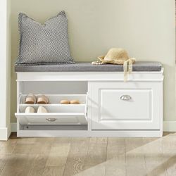 Shoe Storage Bench Entryway, Shoe Cabinet Bench with 2 Flip Drawers & Cushion, Modern Design Shoe Organizer for Hallway, White