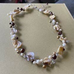 Real Freshwater Pearl And Shell Sterling Silver 925 Necklace