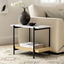 2 Tier End Table with Metal Frame, Rectangular Side Table Faux Marble Top Bedside Nightstand with 2 Wood Open Storage Shelves for Bedroom Living Room 