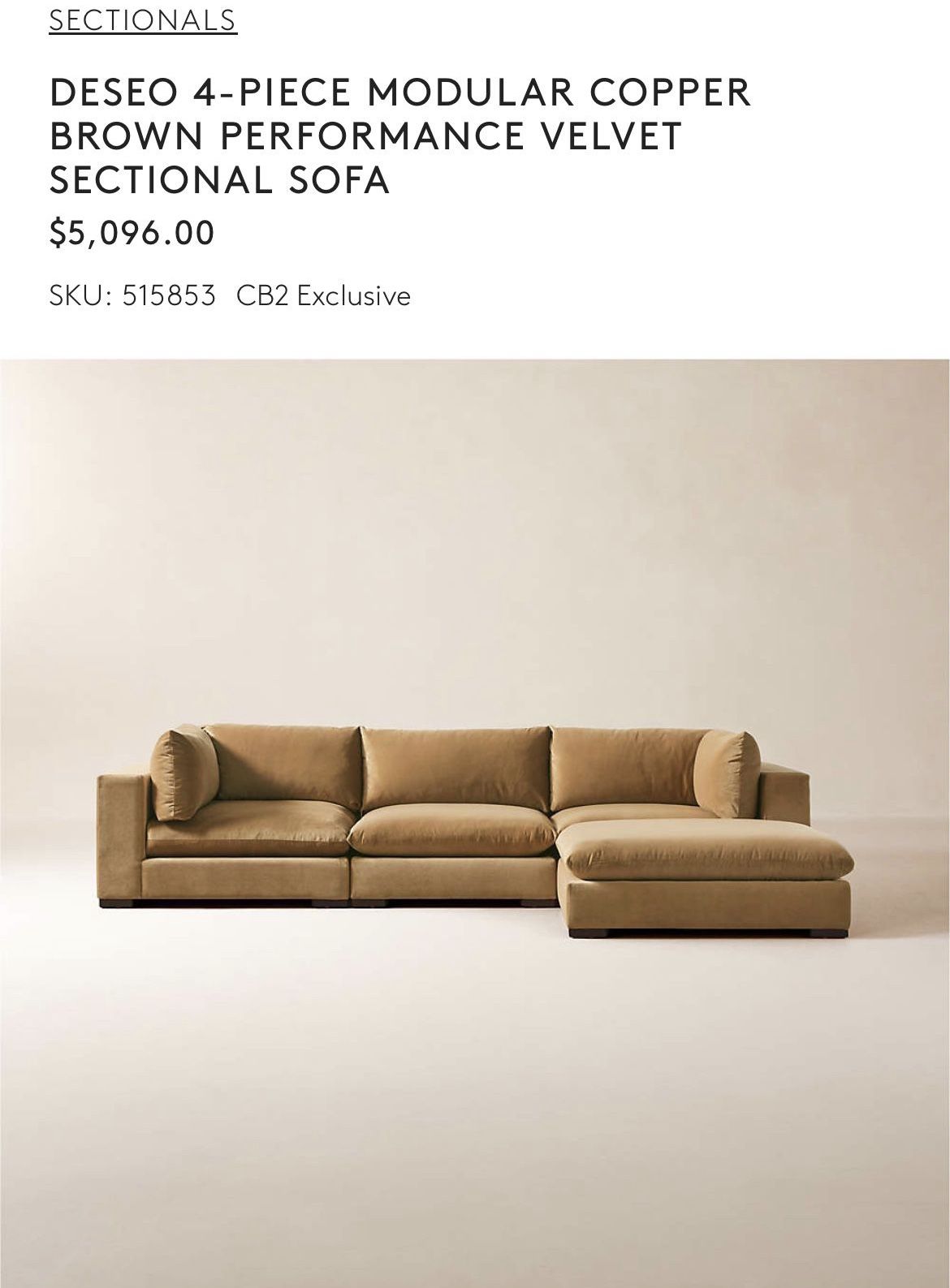 CB2 Deseo Copper Brown Performance Velvet Sectional Sofa