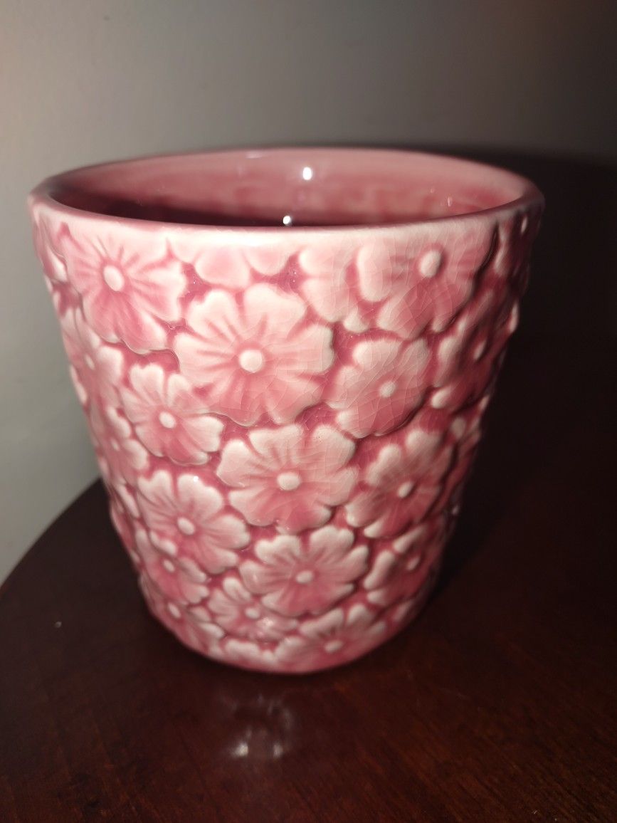 PINK BLOSSOMS 3D RAISED DESIGN CERAMIC ART PLANTER POT