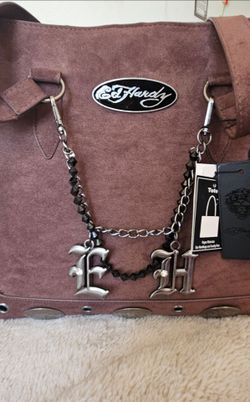 Ed Hardy Brown Suede-Look Tote with Silver Studs & Chain Charm
