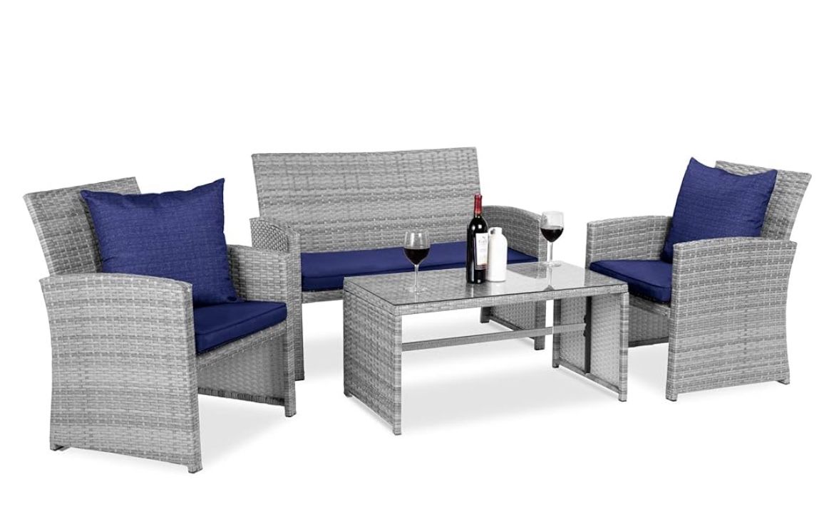 4-Piece Outdoor Patio Furniture Set for Backyard w/Coffee Table, And Seat Cushions - Gray/Navy