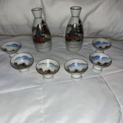  Rare Full Set 8 Piece Vintage Fujita Kutani Trade Mark Japanese Sake Set