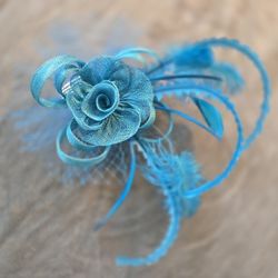 Turquoise Feather Fascinator with Mesh Flower – Excellent Condition
