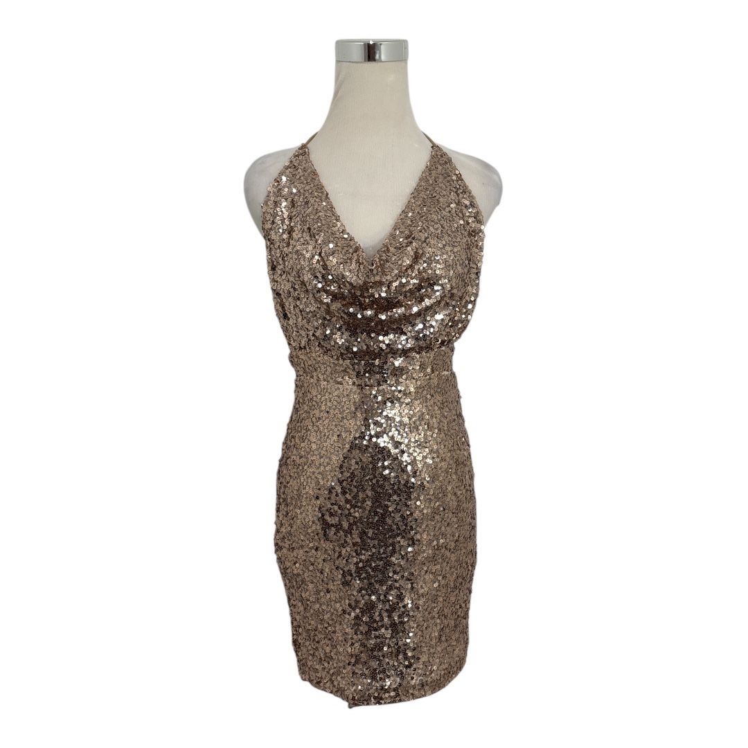 Fashion Nova Women's Rose Gold Sequin Bodycon Mini Dress Open Back Size Med