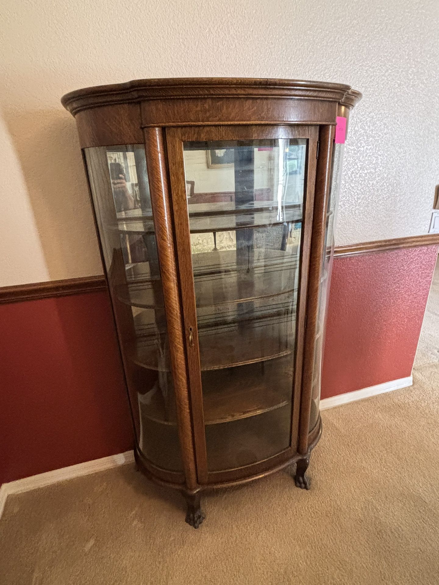Antique Tiger Oak Curved Glass Curio Cabinet