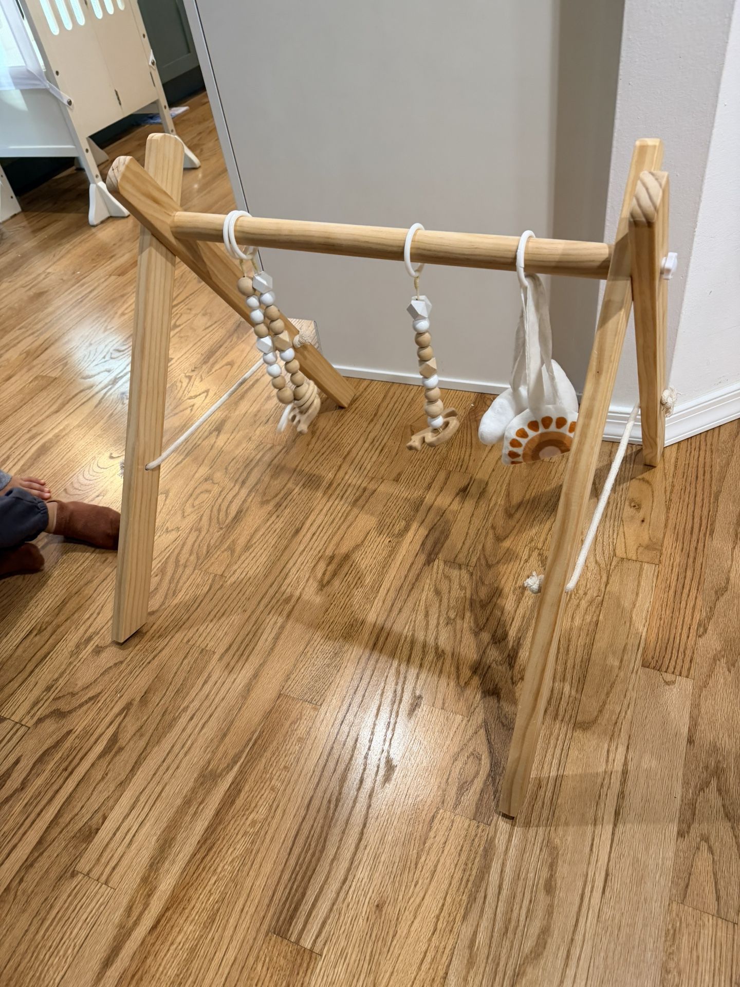 ittle dove Foldable Wooden Play Gym with 6 Toys - Infant Activity Gym for Baby Girls and Boys with Hanging Bar - Montessori Newborn Gift